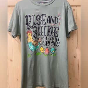 ❤️🐓Rise & Shine Graphic Casual Short Sleeve Long Light Navy Green Tee Shirt